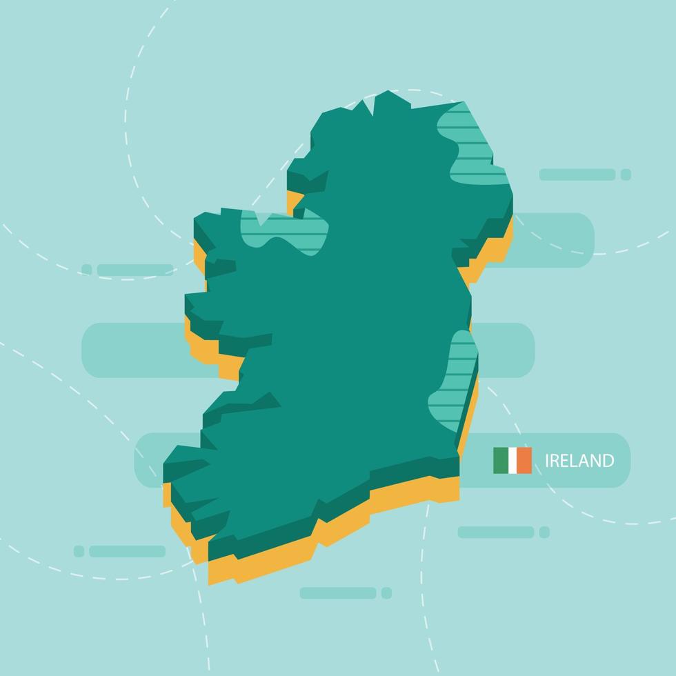 Mappa vettoriale 3d dell'Irlanda con nome e bandiera del paese su sfondo verde chiaro e trattino.