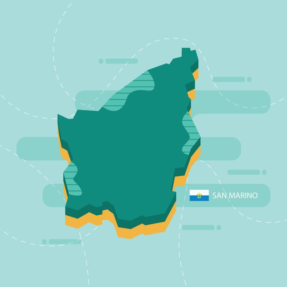 Mappa vettoriale 3d di san marino con nome e bandiera del paese su sfondo verde chiaro e trattino.