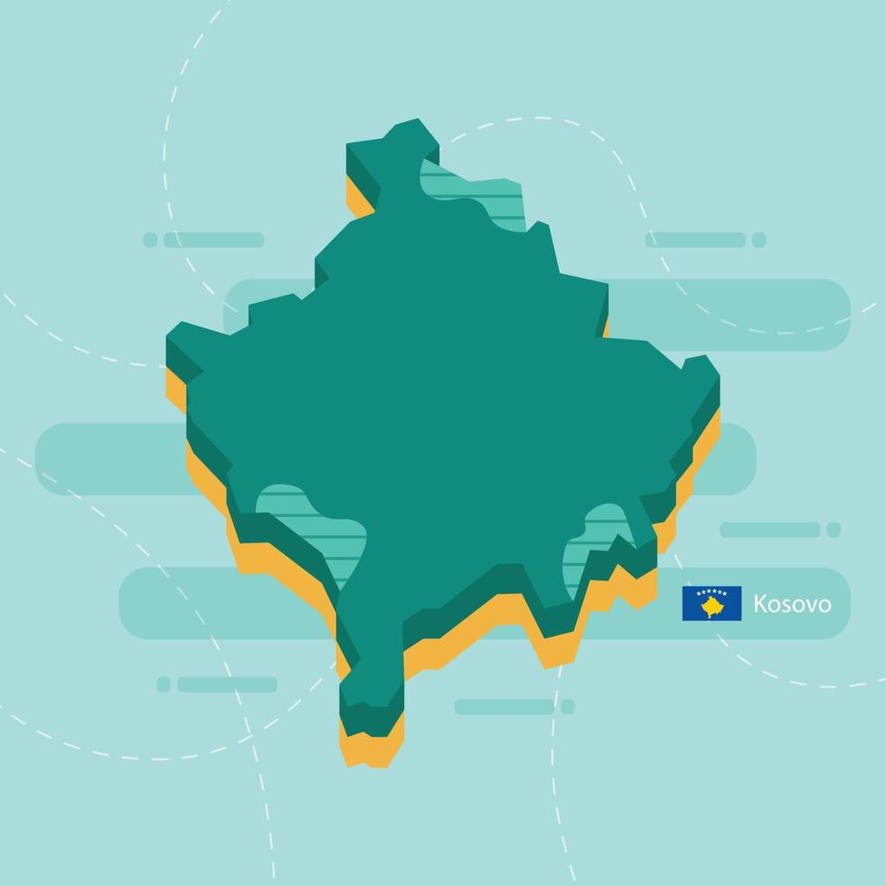 Mappa vettoriale 3d del Kosovo con nome e bandiera del paese su sfondo verde chiaro e trattino.