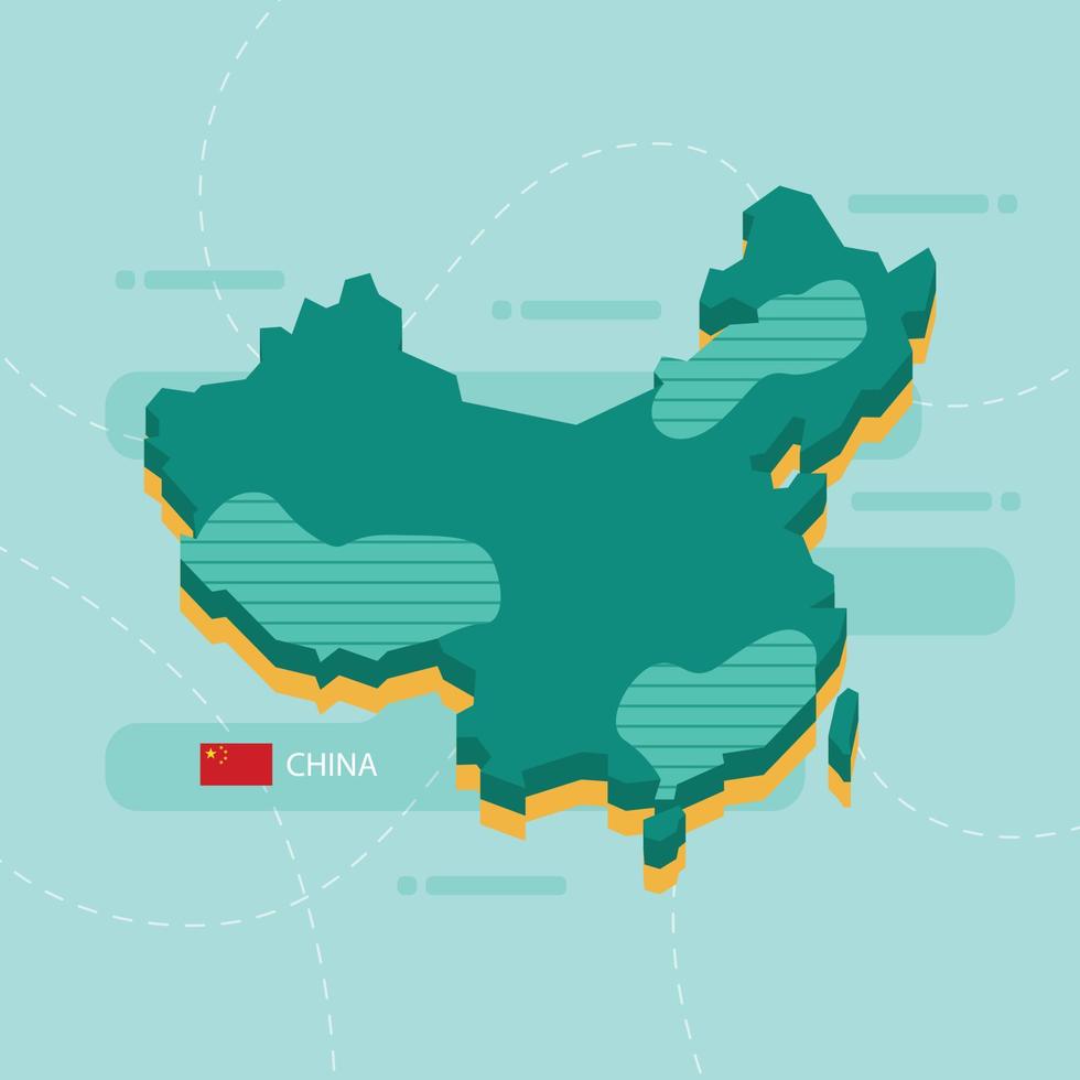 Mappa vettoriale 3D della Cina con nome e bandiera del paese su sfondo verde chiaro e trattino.