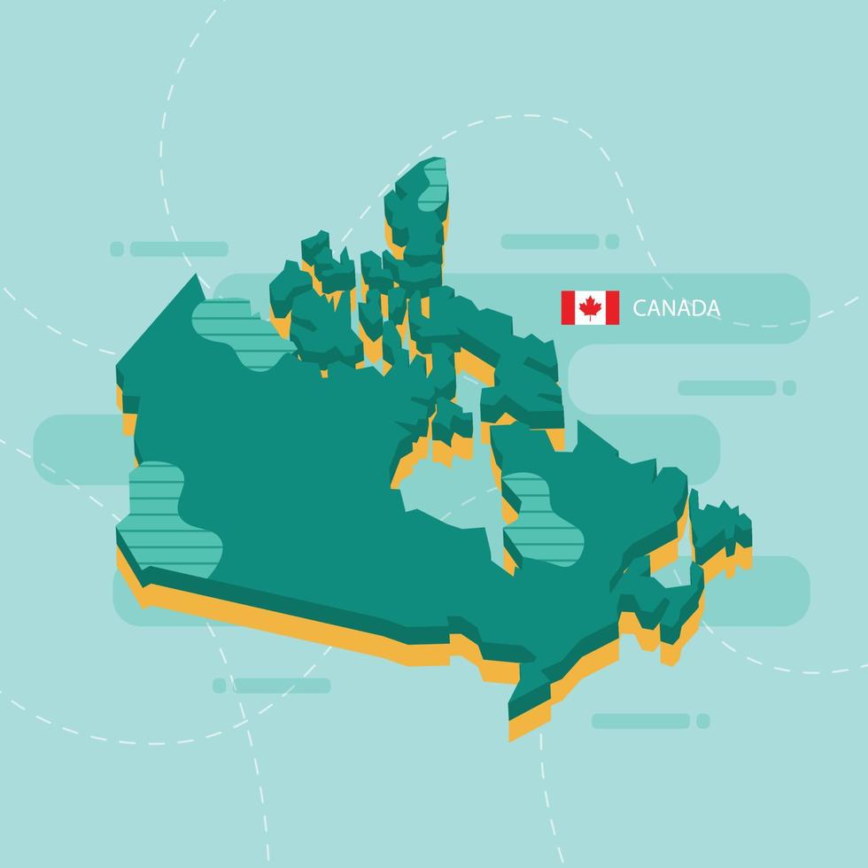 Mappa vettoriale 3D del Canada con nome e bandiera del paese su sfondo verde chiaro e trattino.