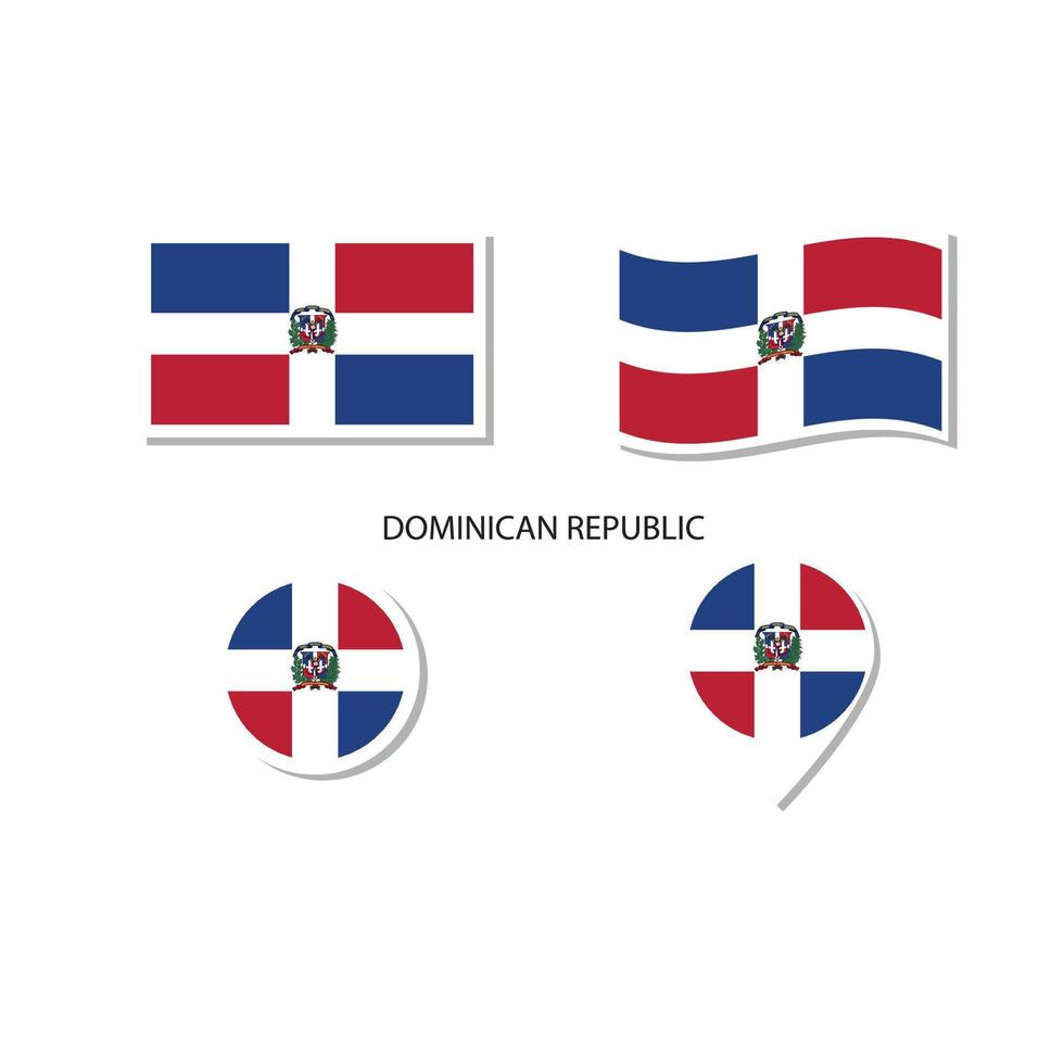 set di icone logo bandiera repubblica dominicana, icone piatte rettangolari, forma circolare, pennarello con bandiere. vettore