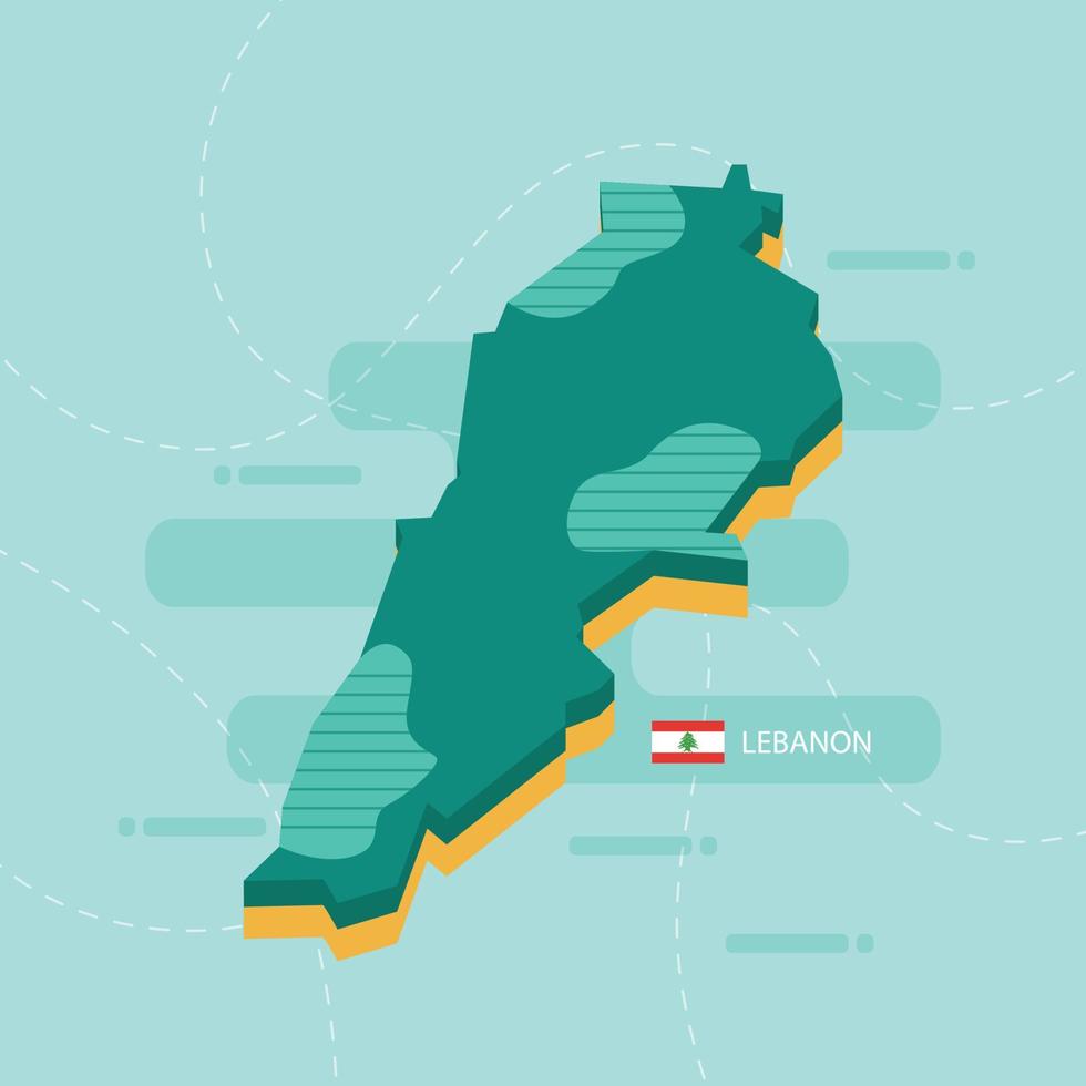 Mappa vettoriale 3d del Libano con nome e bandiera del paese su sfondo verde chiaro e trattino.