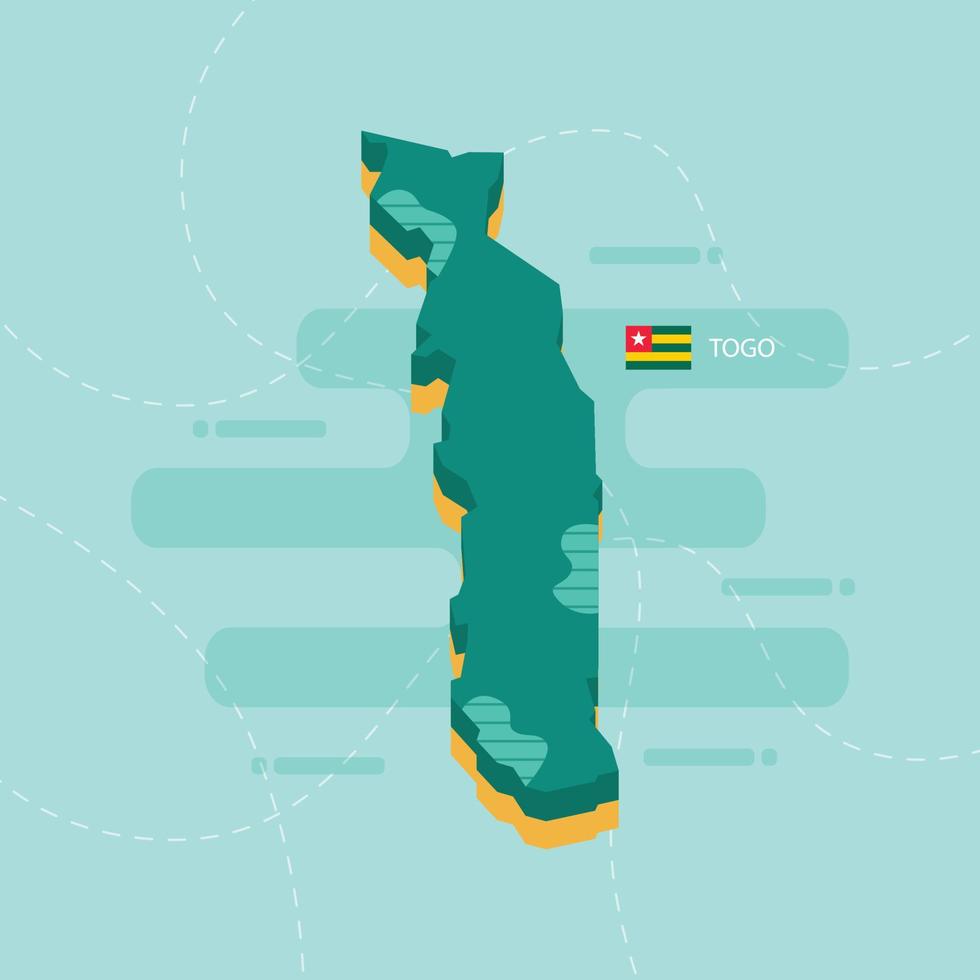 Mappa vettoriale 3D del Togo con nome e bandiera del paese su sfondo verde chiaro e trattino.
