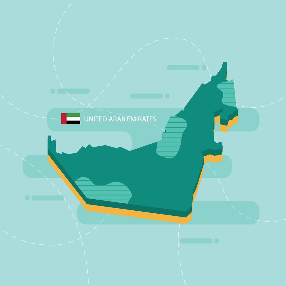 Mappa vettoriale 3d degli emirati arabi uniti con nome e bandiera del paese su sfondo verde chiaro e trattino.
