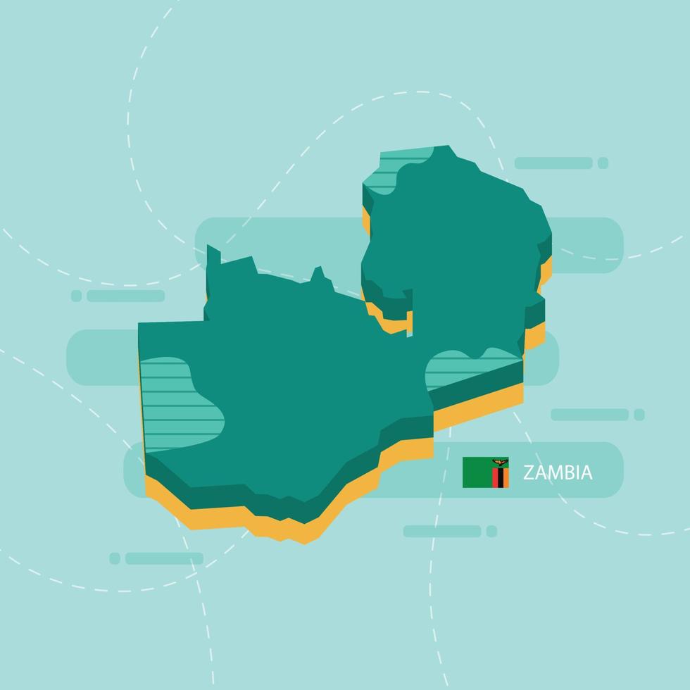 Mappa vettoriale 3d dello zambia con nome e bandiera del paese su sfondo verde chiaro e trattino.