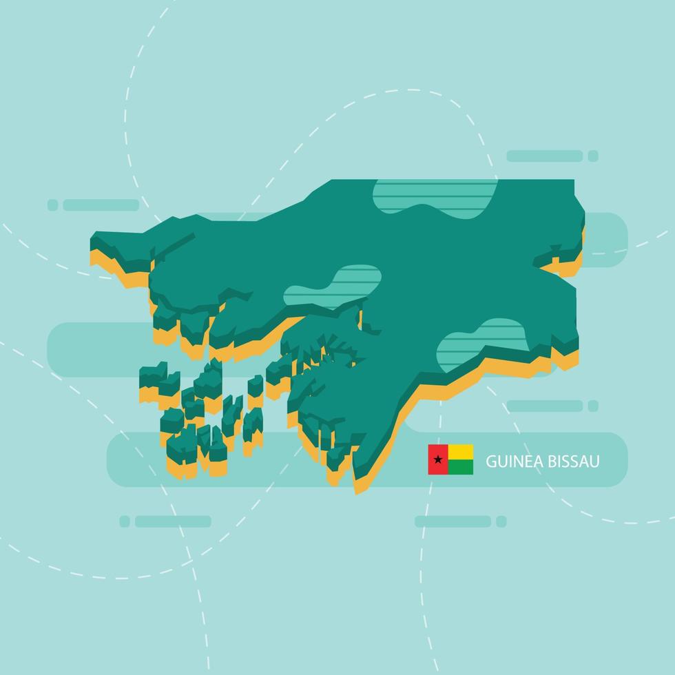 Mappa vettoriale 3d della Guinea Bissau con nome e bandiera del paese su sfondo verde chiaro e trattino.