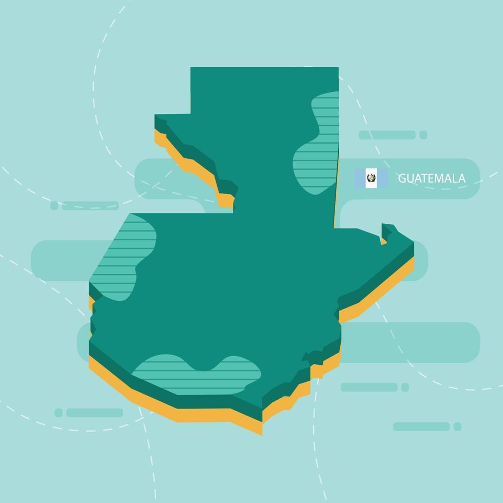 Mappa vettoriale 3d del guatemala con nome e bandiera del paese su sfondo verde chiaro e trattino.