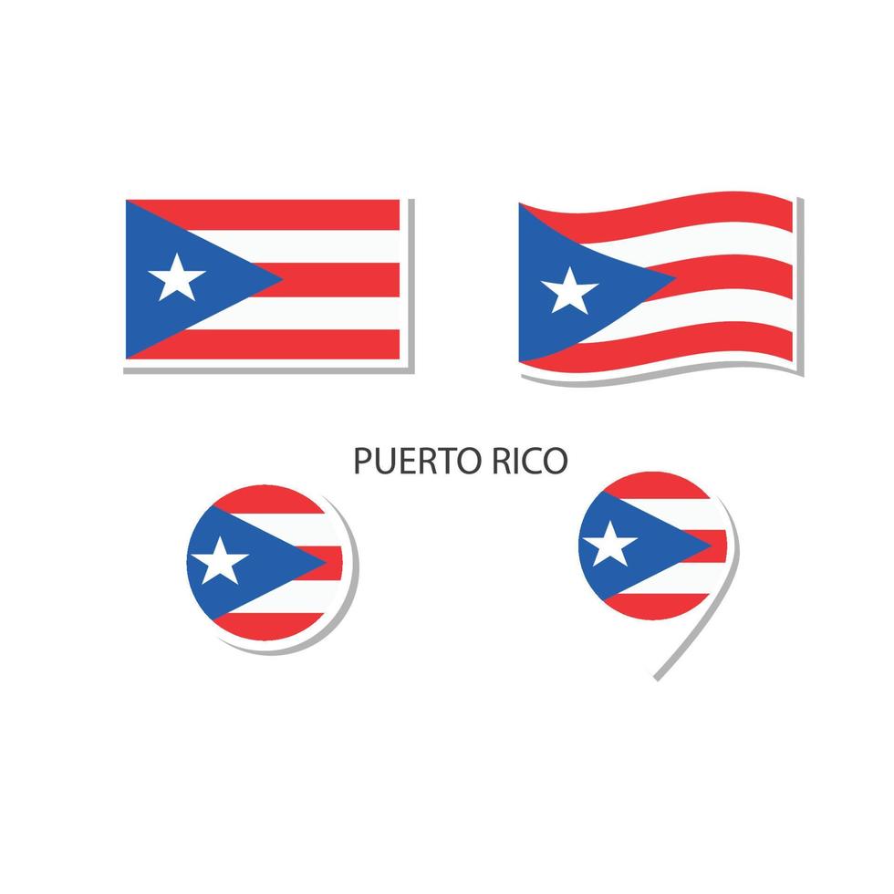 set di icone logo bandiera porto rico, icone piatte rettangolari, forma circolare, pennarello con bandiere. vettore