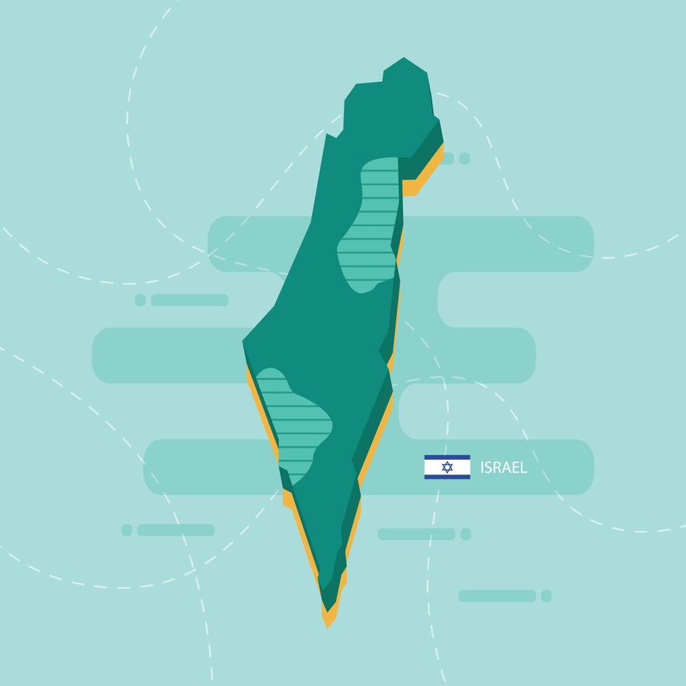 Mappa vettoriale 3d di Israele con nome e bandiera del paese su sfondo verde chiaro e trattino.