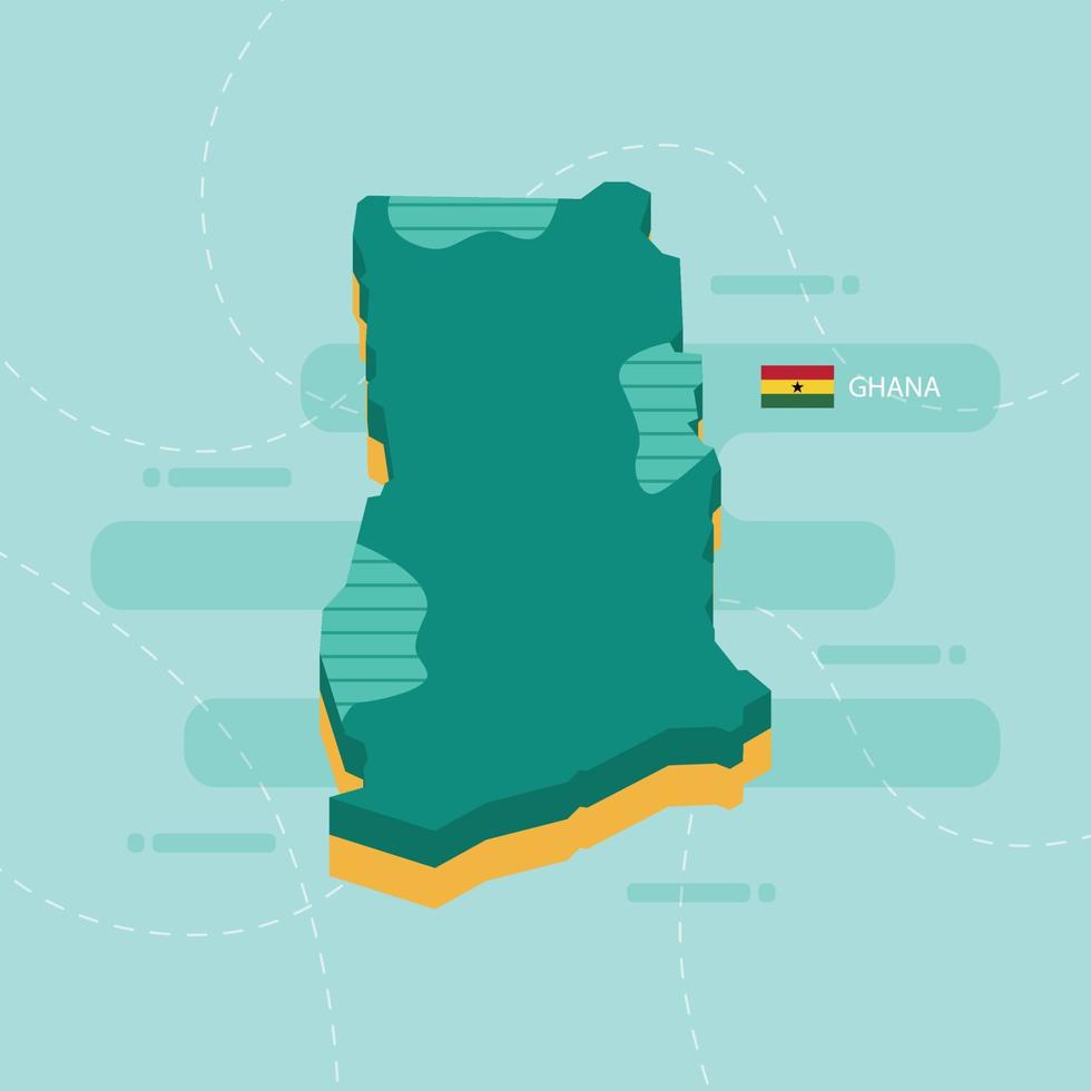 Mappa vettoriale 3d del ghana con nome e bandiera del paese su sfondo verde chiaro e trattino.