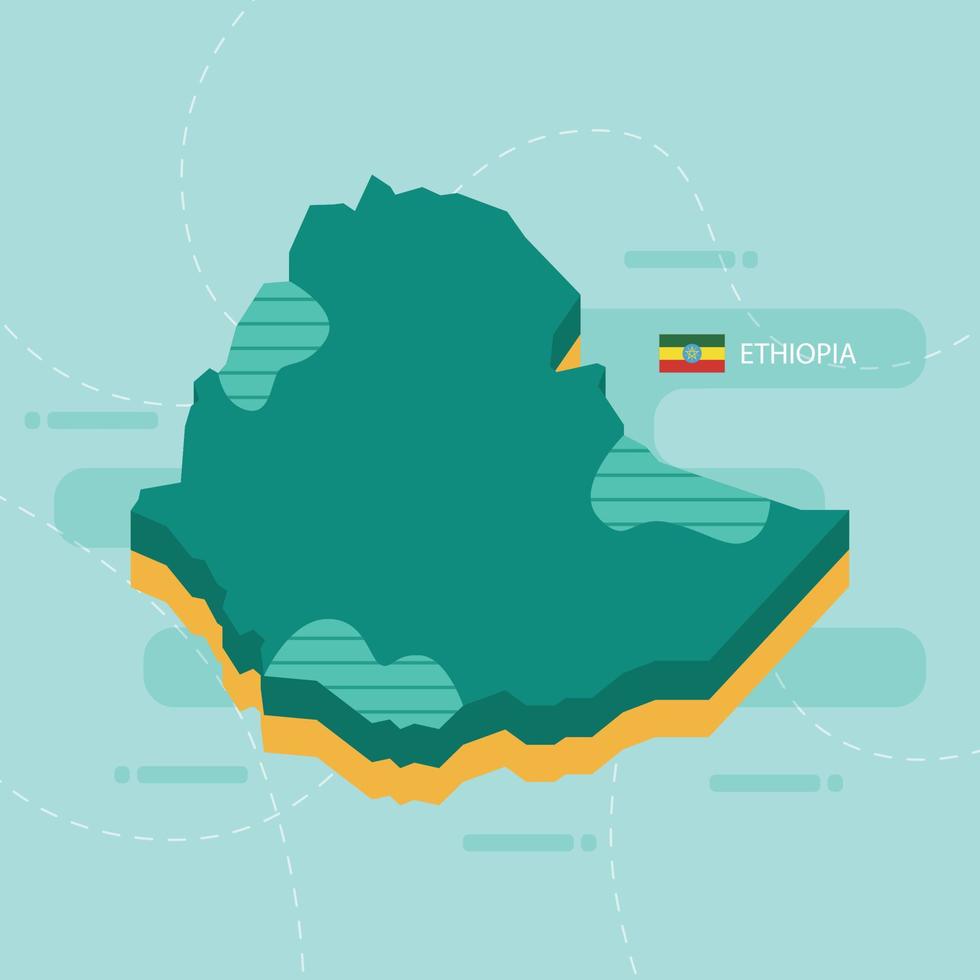 Mappa vettoriale 3d dell'Etiopia con nome e bandiera del paese su sfondo verde chiaro e trattino.