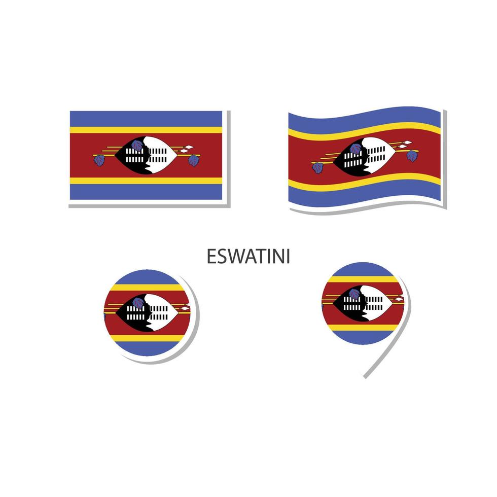 set di icone con logo bandiera eswatini, icone piatte rettangolari, forma circolare, pennarello con bandiere. vettore