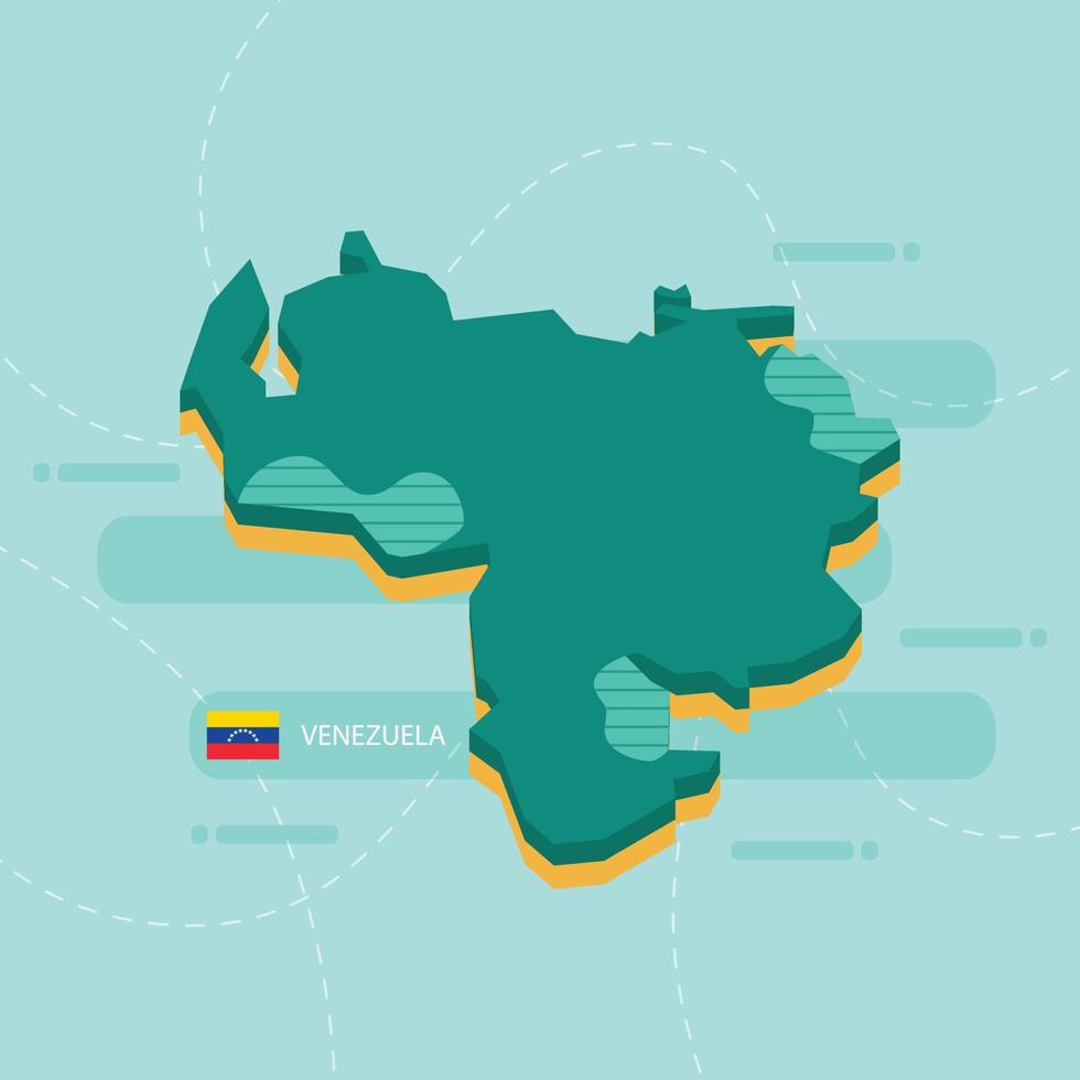Mappa vettoriale 3d del venezuela con nome e bandiera del paese su sfondo verde chiaro e trattino.