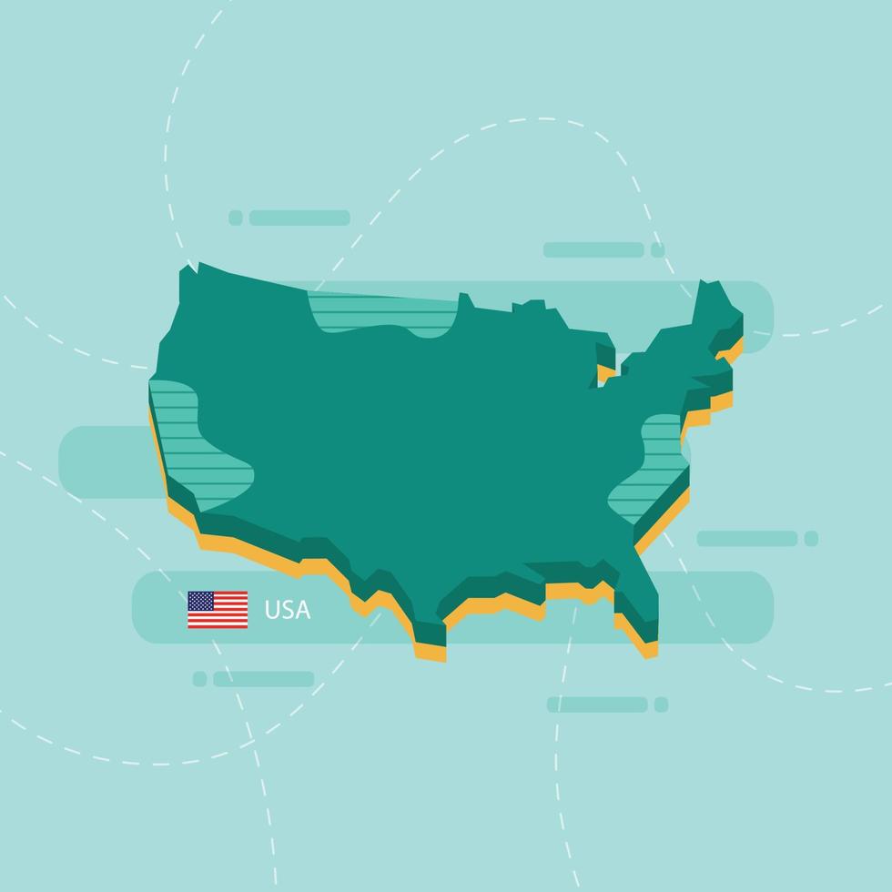 Mappa vettoriale 3D degli Stati Uniti con nome e bandiera del paese su sfondo verde chiaro e trattino.