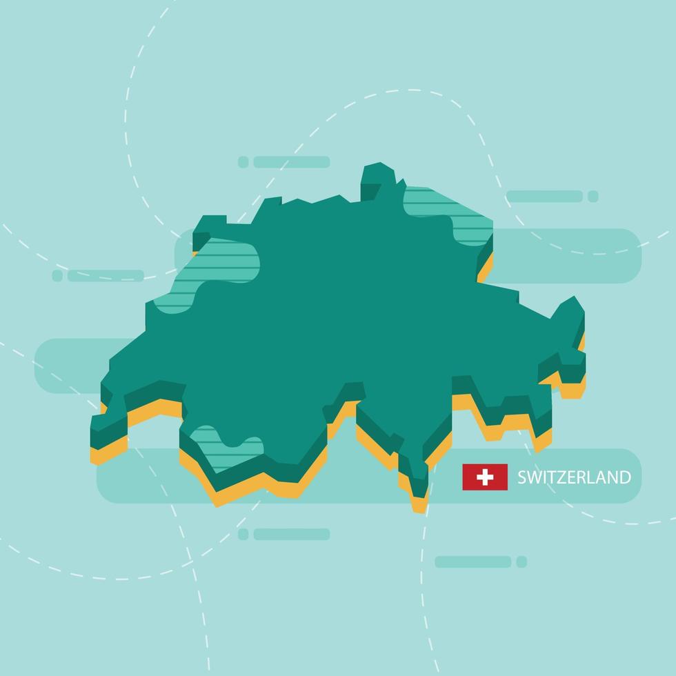 Mappa vettoriale 3d della svizzera con nome e bandiera del paese su sfondo verde chiaro e trattino.