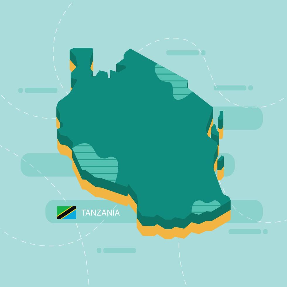 Mappa vettoriale 3d della tanzania con nome e bandiera del paese su sfondo verde chiaro e trattino.