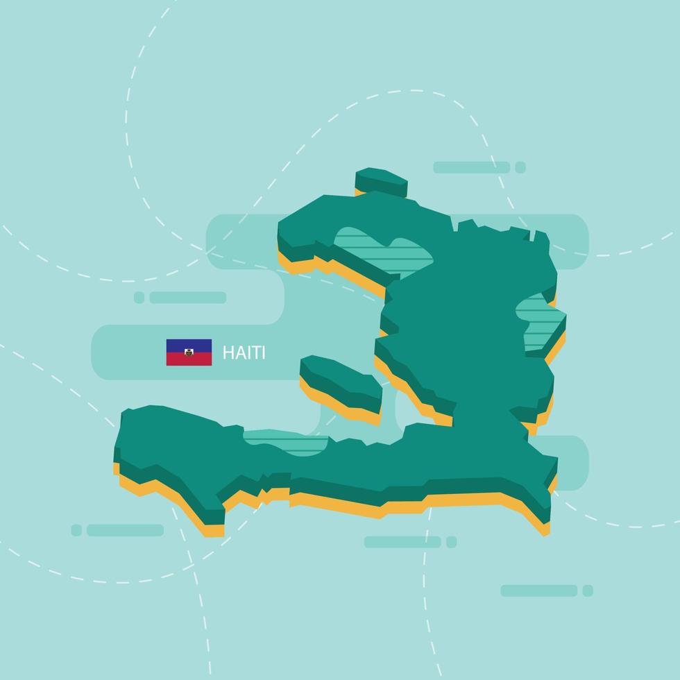 Mappa vettoriale 3d di haiti con nome e bandiera del paese su sfondo verde chiaro e trattino.
