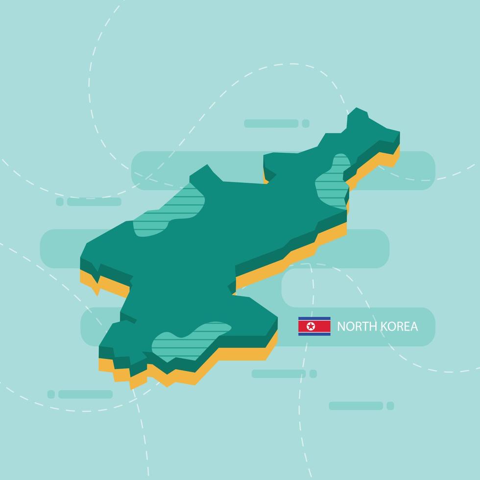 Mappa vettoriale 3d della Corea del Nord con nome e bandiera del paese su sfondo verde chiaro e trattino.