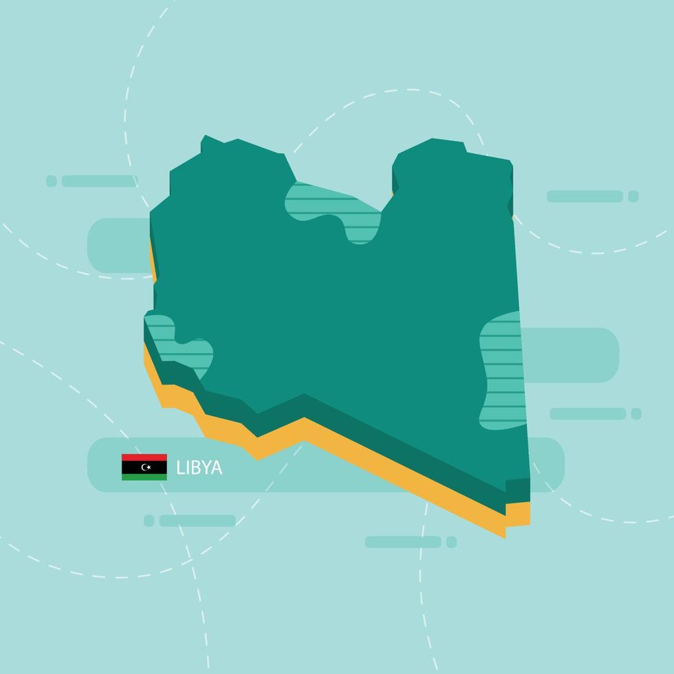 Mappa vettoriale 3d della Libia con nome e bandiera del paese su sfondo verde chiaro e trattino.