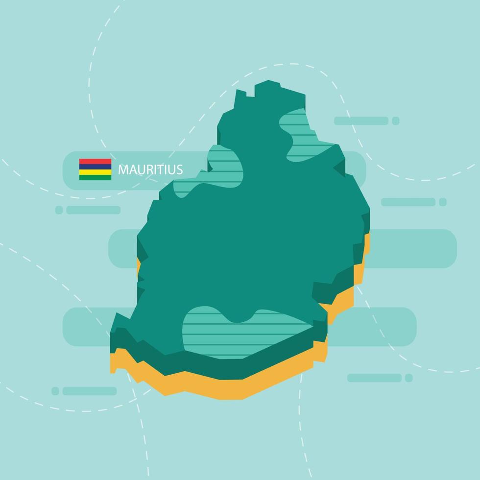 Mappa vettoriale 3d di mauritius con nome e bandiera del paese su sfondo verde chiaro e trattino.