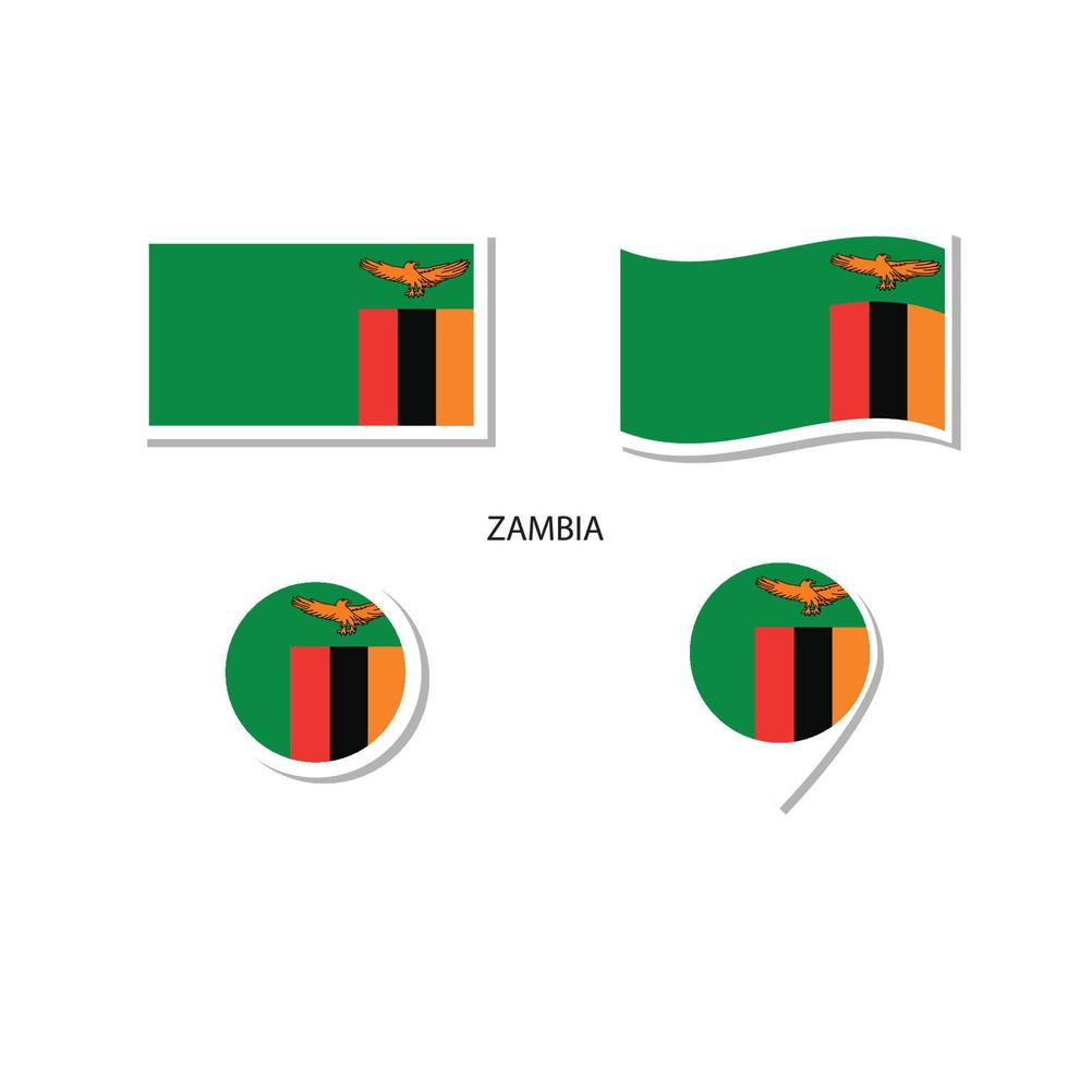 set di icone logo bandiera zambia, icone piatte rettangolari, forma circolare, pennarello con bandiere. vettore