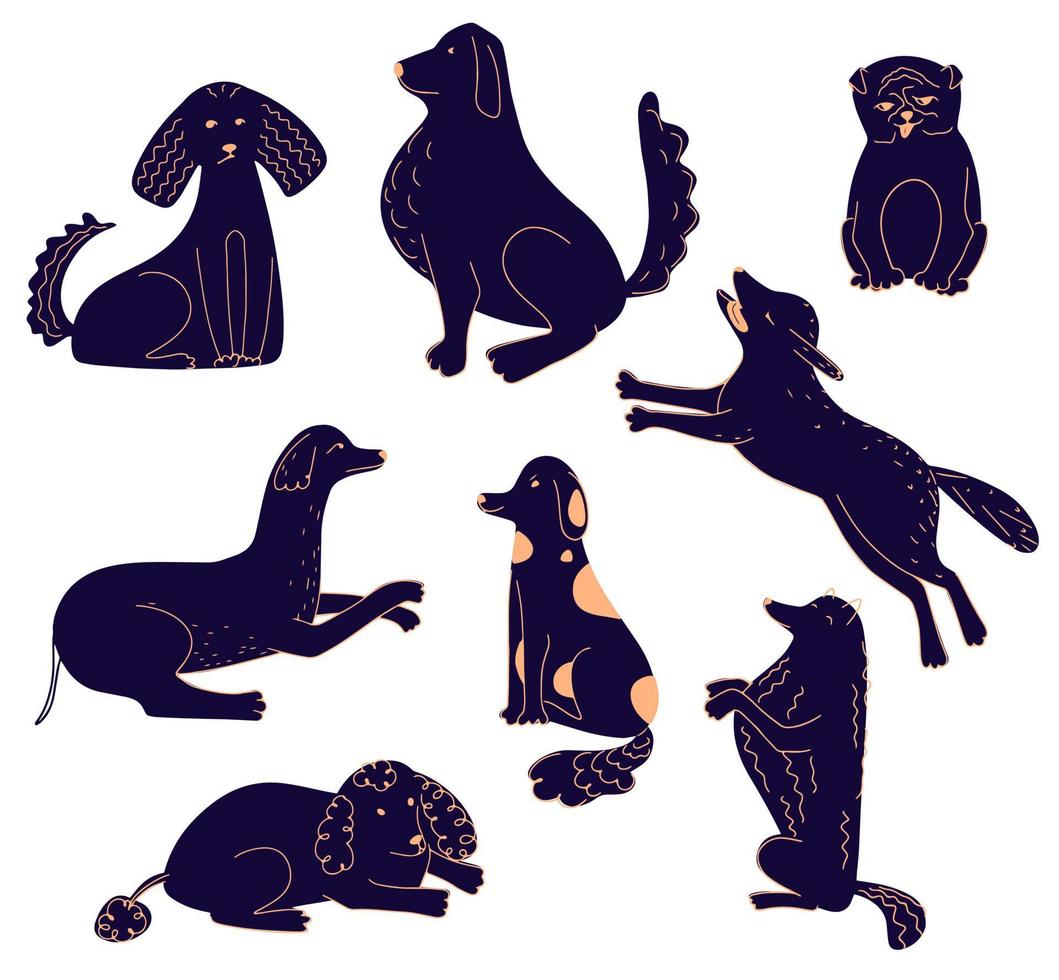 insieme vettoriale di cani diversi disegnati in stile doodle.