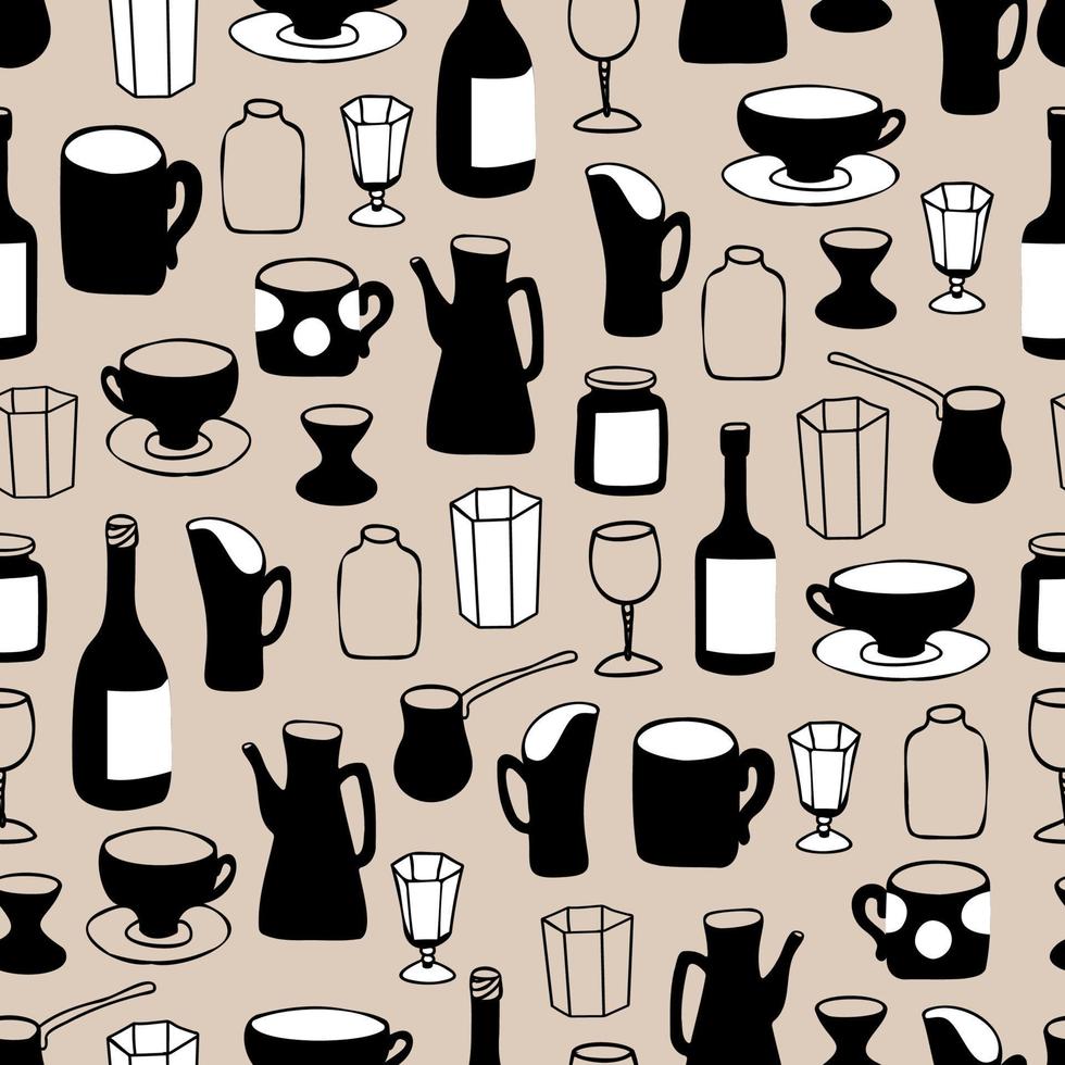 modello vettoriale senza soluzione di continuità con un set di piatti disegnati in stile doodle. decanter minimalista, teiera, tazza, bicchieri vintage, bicchieri da vino, bicchierino, bottiglia di vino.