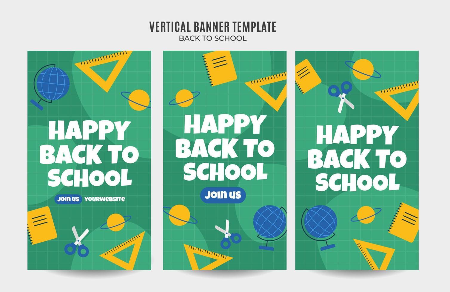 banner web di ritorno a scuola per poster verticali, banner, area spaziale e sfondo dei social media vettore