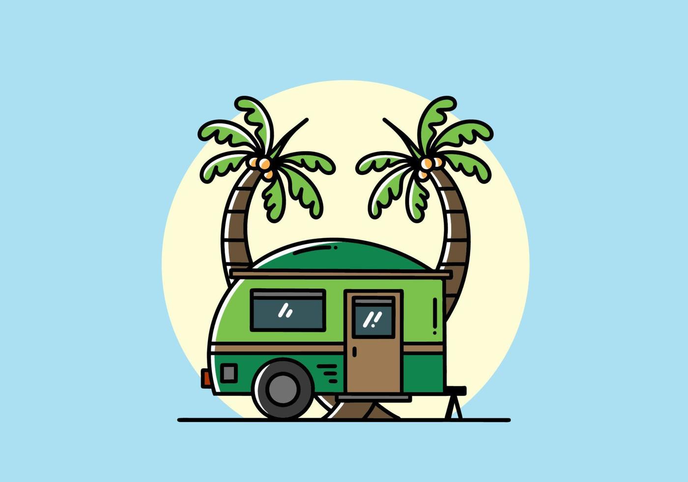 design dell'illustrazione del camper a goccia e dell'albero di cocco vettore