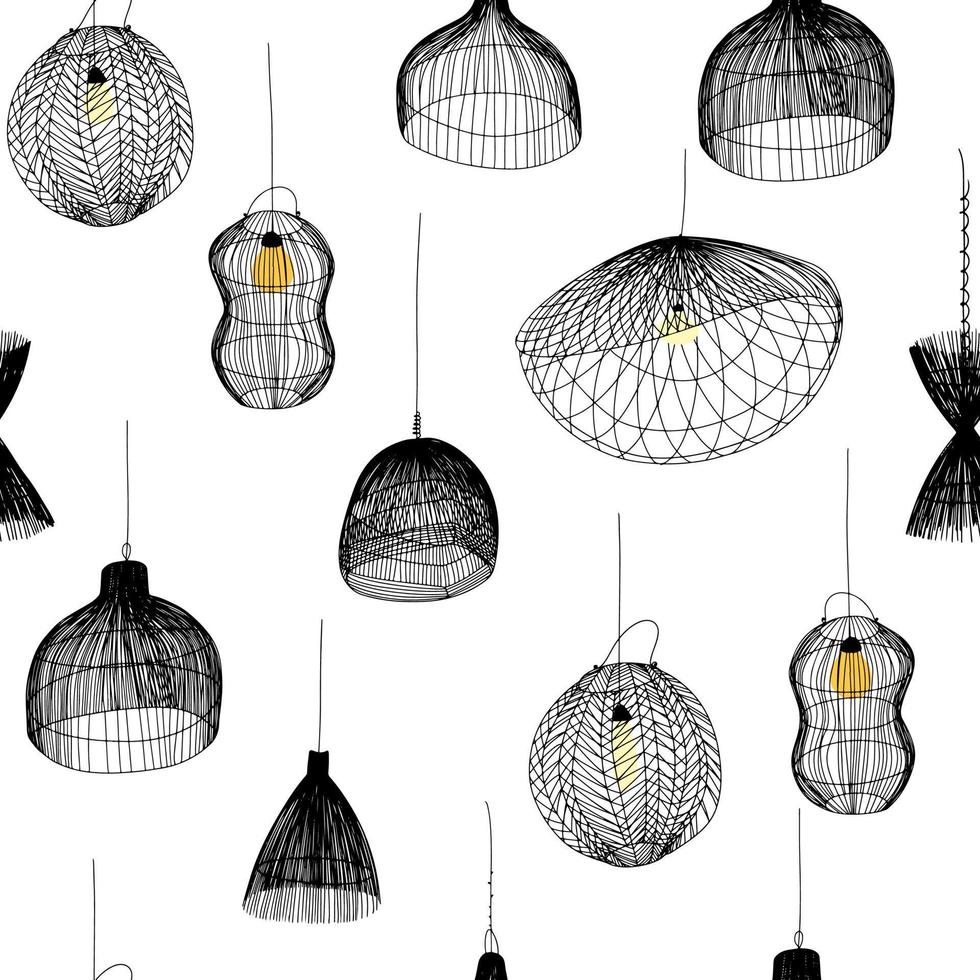 senza cuciture con lampade in rattan. illustrazione vettoriale in bianco e nero per la creazione di un logo per uno studio di interior design o uno studio di illuminazione.