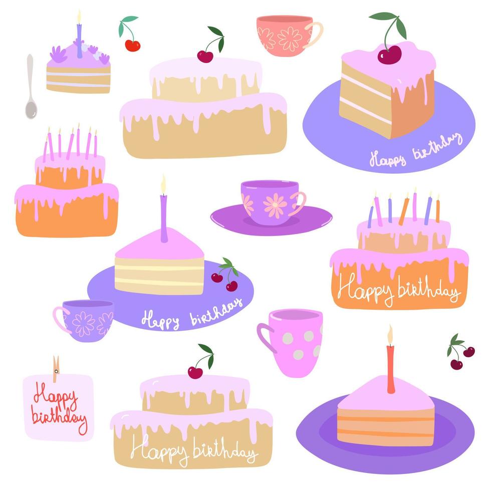 set vettoriale per compleanno e tea party con torta.