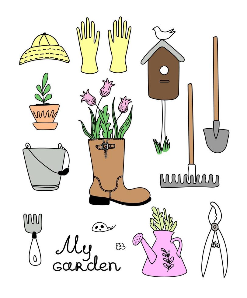 set di attrezzi da giardino disegnati in stile doodle vettore