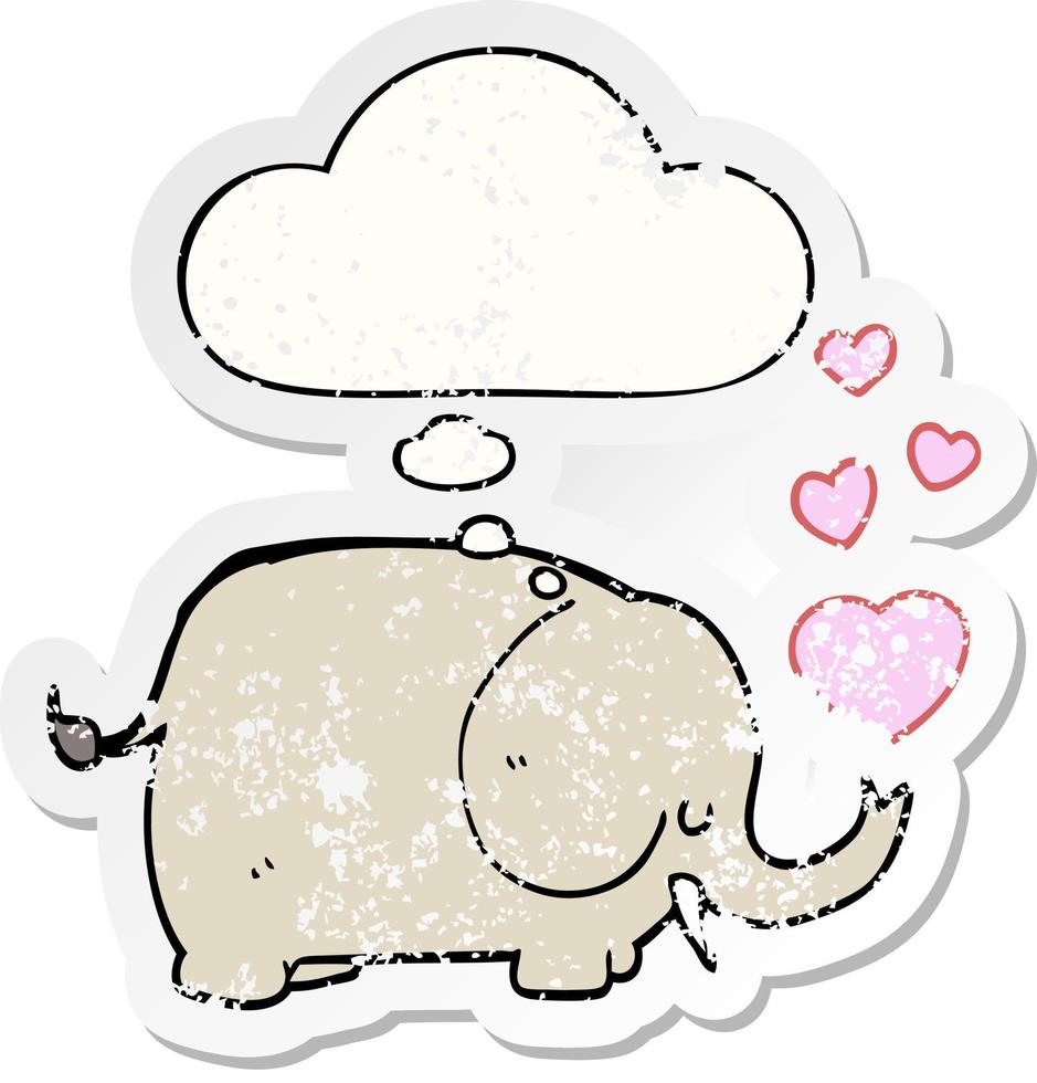 simpatico elefante cartone animato con cuori d'amore e bolla di pensiero come adesivo consumato in difficoltà vettore