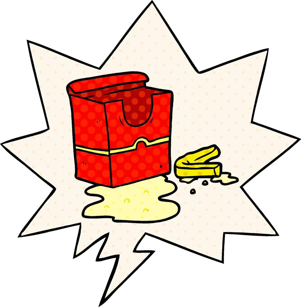 cartone animato scatola vuota di patatine fritte e nuvoletta in stile fumetto vettore