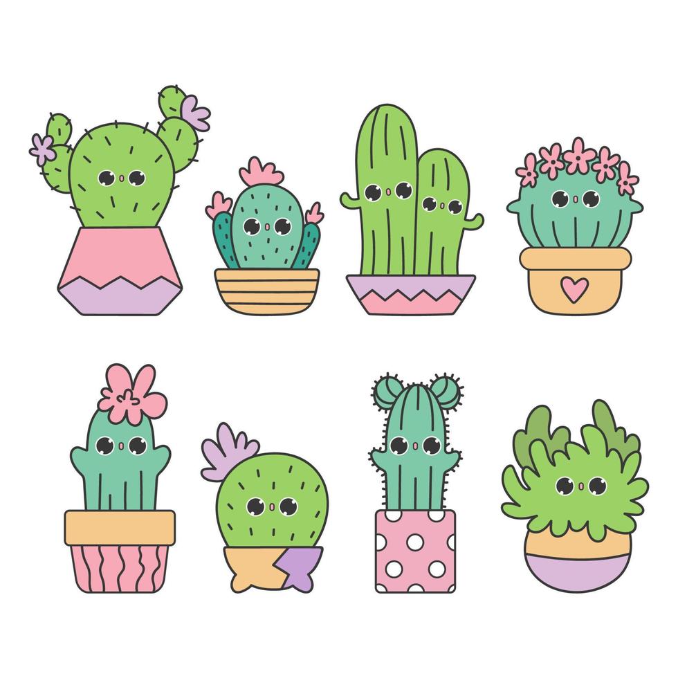 carino insieme vettoriale di kawaii doodles cactus in vaso. baby cactus bambini illustrazione in stile cartone animato. piante grasse da giardinaggio. isolato su bianco
