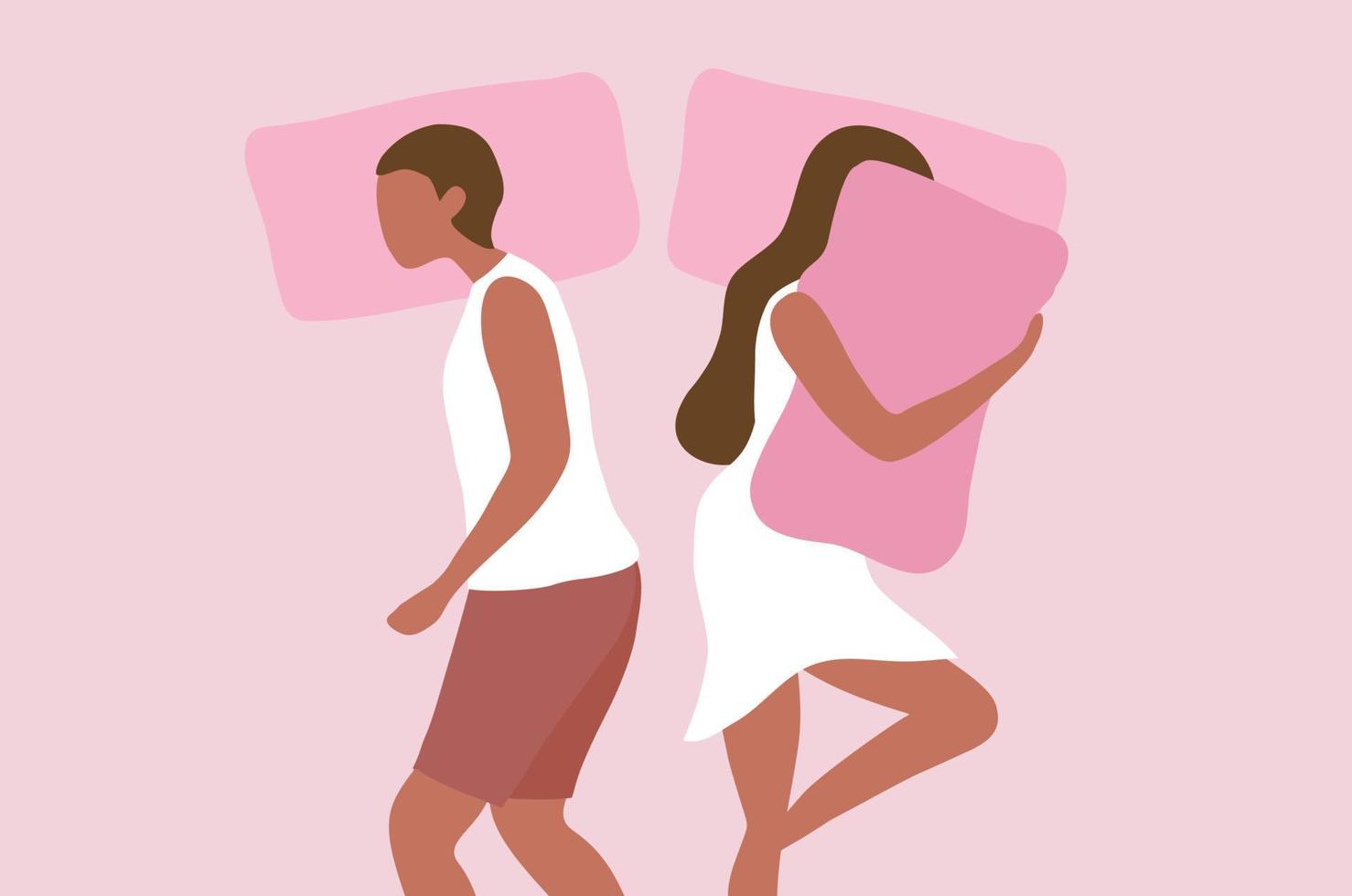 coppia depressa che dorme schiena contro schiena nella camera da letto. depressione, problemi intimi, litigi, conflitti, coniugati o sessuali nell'illustrazione vettoriale di coppia