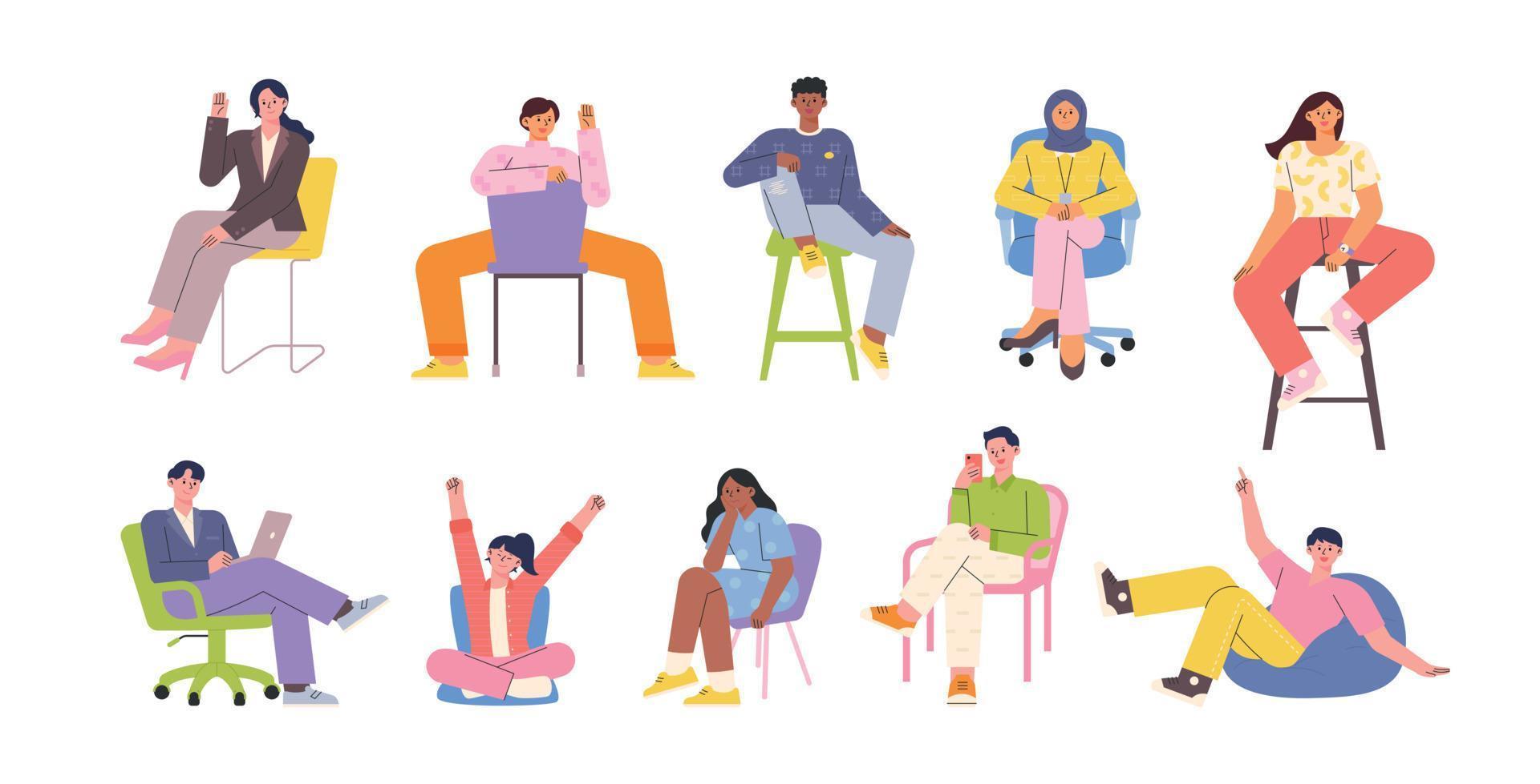 un insieme di persone diverse, sedie diverse, pose diverse. illustrazione vettoriale in stile design piatto.