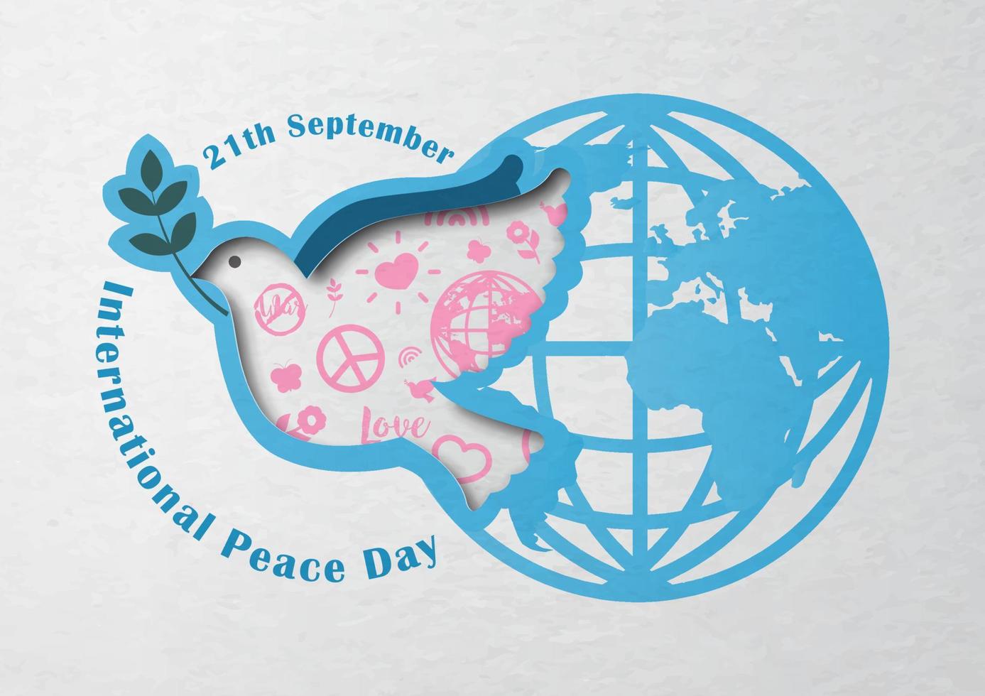colomba della pace con il segno rosa icona della giornata della pace in stile taglio carta e il giorno, nome dell'evento con sfondo del modello globale su carta bianca. campagna poster per la giornata internazionale della pace in disegno vettoriale. vettore