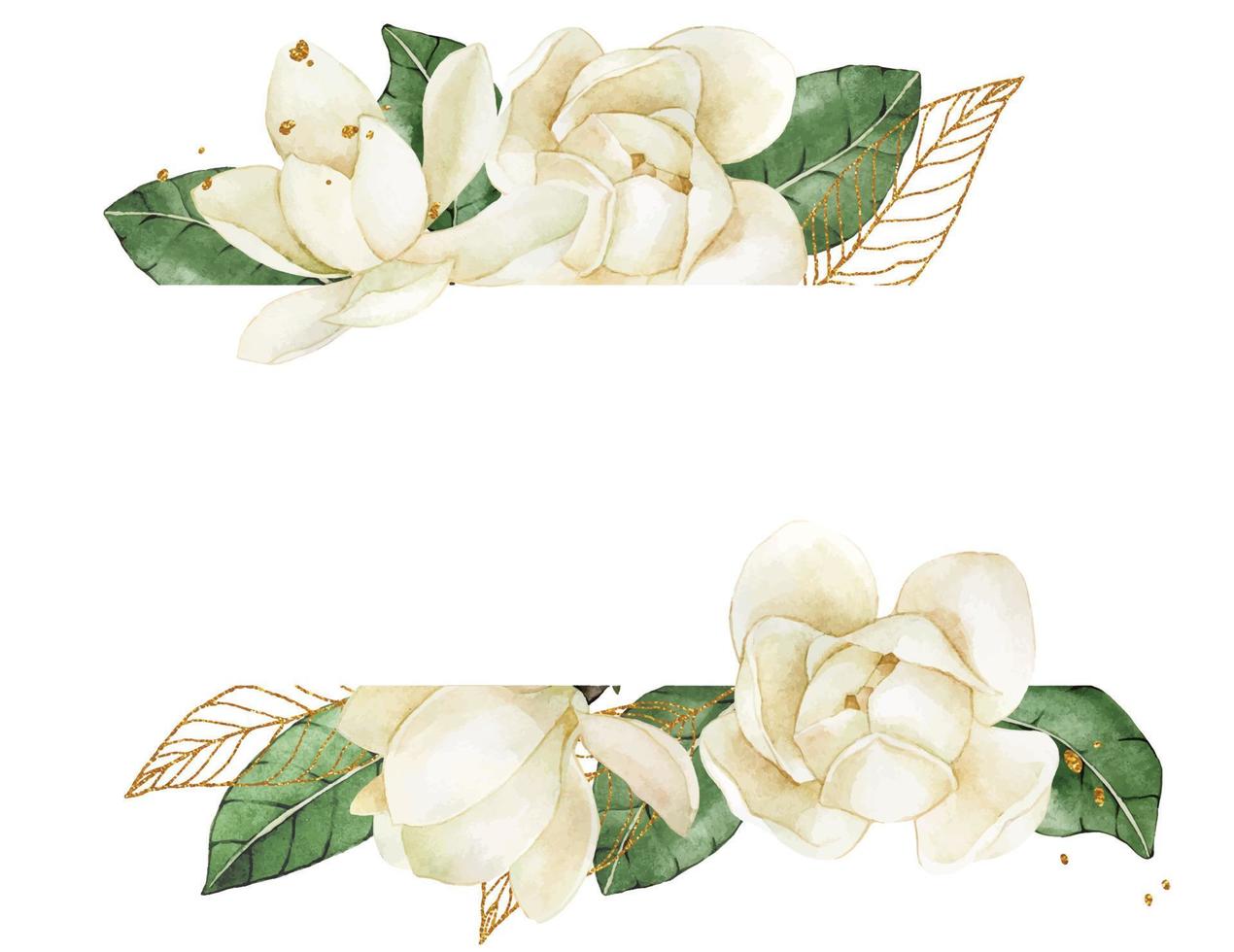 disegno ad acquerello. cornice rettangolare con fiori bianchi e foglie di magnolia ed elementi dorati. illustrazione delicata decorazioni di nozze, invito, carta vettore