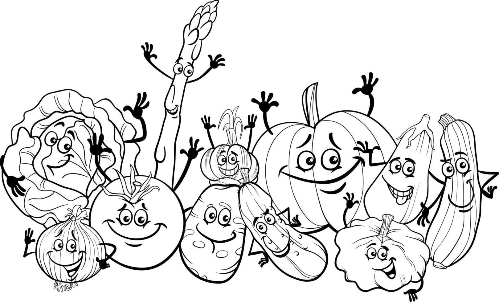 pagina di colorazione del gruppo di personaggi di verdure divertenti del fumetto vettore