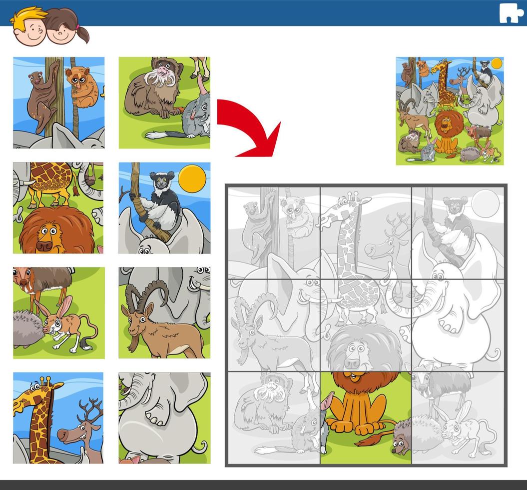 compito di puzzle con personaggi di animali selvatici dei cartoni animati vettore