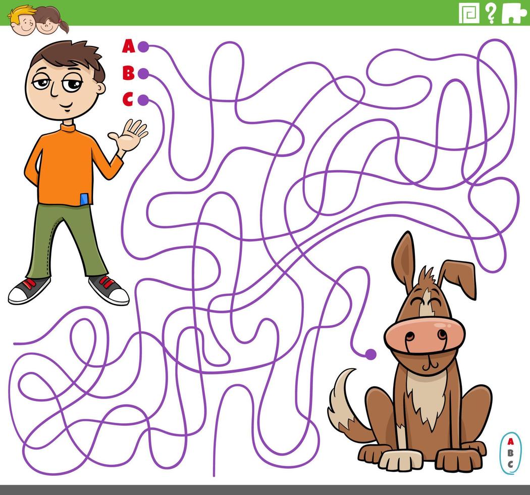 labirinto con il personaggio di un ragazzo adolescente dei cartoni animati e il suo cane vettore
