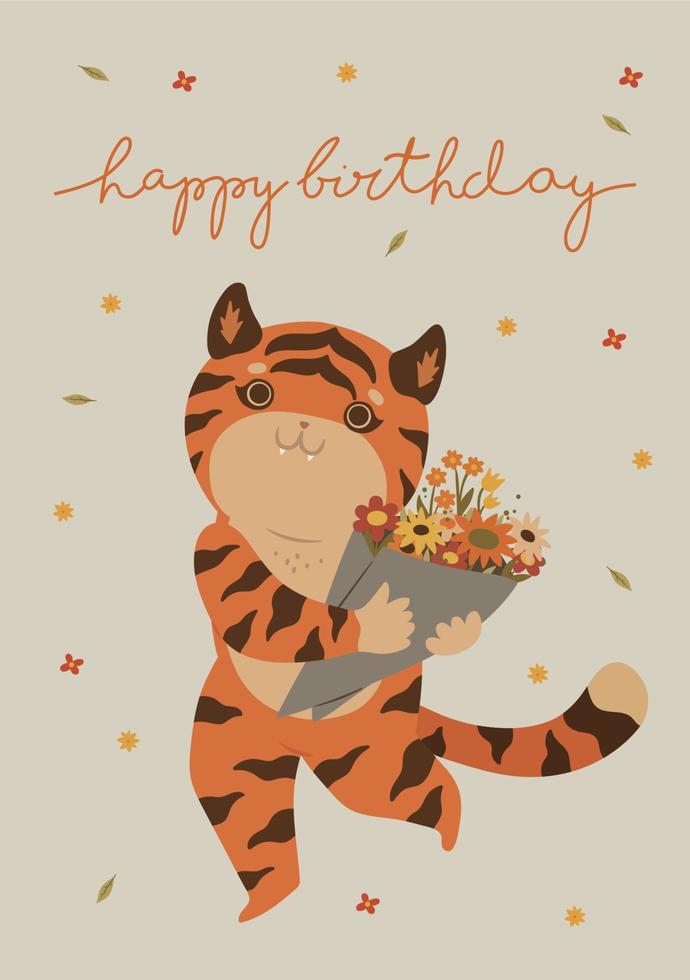 biglietto di compleanno con una simpatica tigre. grafica vettoriale. vettore