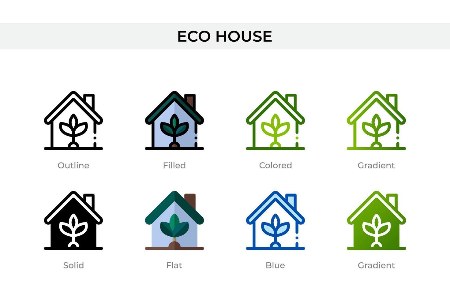 icona della casa ecologica in stile diverso. icone vettoriali di casa ecologica progettate in stile contorno, solido, colorato, pieno, sfumato e piatto. simbolo, illustrazione del logo. illustrazione vettoriale