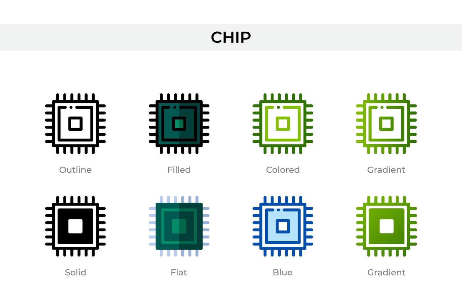 icona di chip in uno stile diverso. icone vettoriali di chip progettate in stile contorno, solido, colorato, pieno, sfumato e piatto. simbolo, illustrazione del logo. illustrazione vettoriale