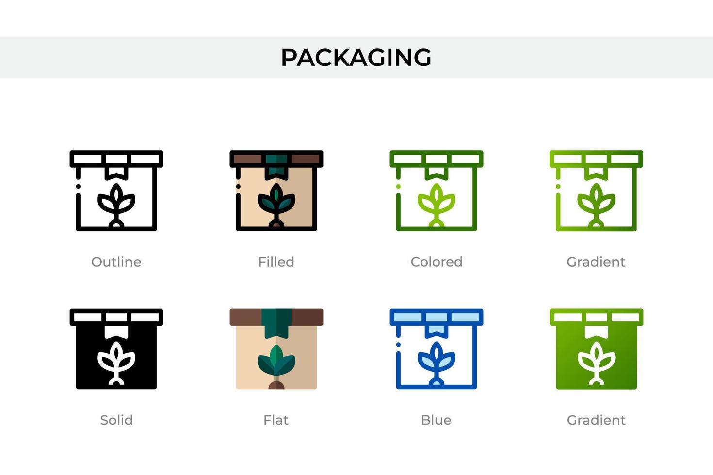 icona di imballaggio in stile diverso. icone vettoriali di imballaggio progettate in stile contorno, solido, colorato, riempito, sfumato e piatto. simbolo, illustrazione del logo. illustrazione vettoriale