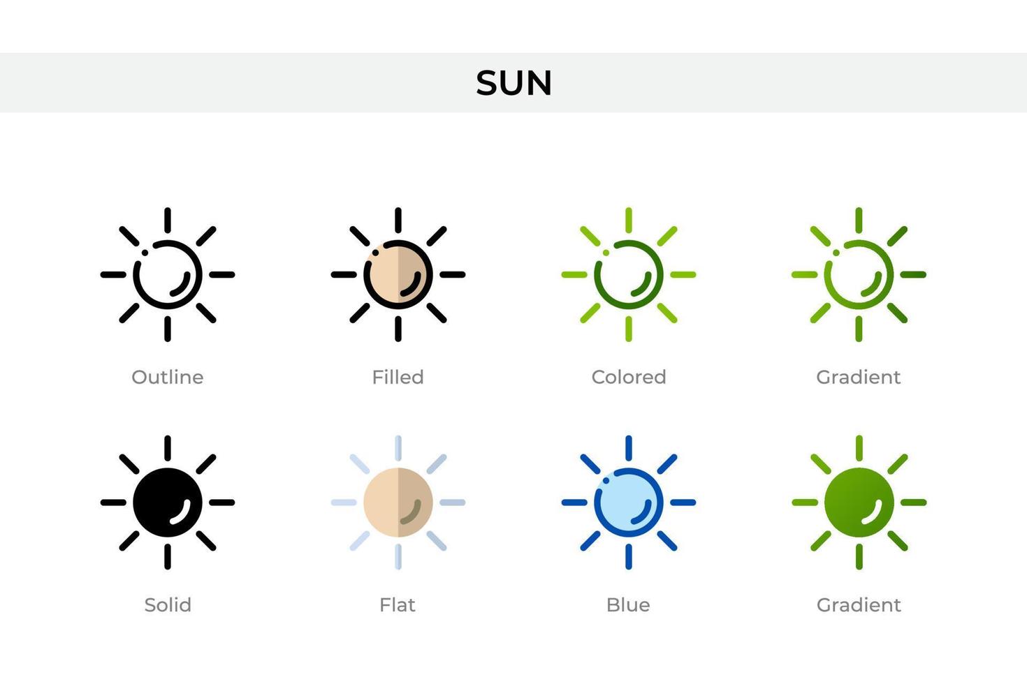 icona del sole in stile diverso. icone vettoriali sole progettate in stile contorno, solido, colorato, pieno, sfumato e piatto. simbolo, illustrazione del logo. illustrazione vettoriale