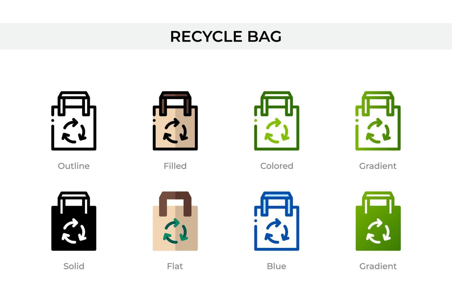 ricicla l'icona della borsa in uno stile diverso. ricicla le icone vettoriali della borsa progettate in stile contorno, solido, colorato, pieno, sfumato e piatto. simbolo, illustrazione del logo. illustrazione vettoriale