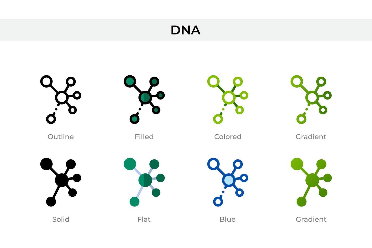 icona del dna in stile diverso. icone vettoriali dna progettate in stile contorno, solido, colorato, pieno, sfumato e piatto. simbolo, illustrazione del logo. illustrazione vettoriale